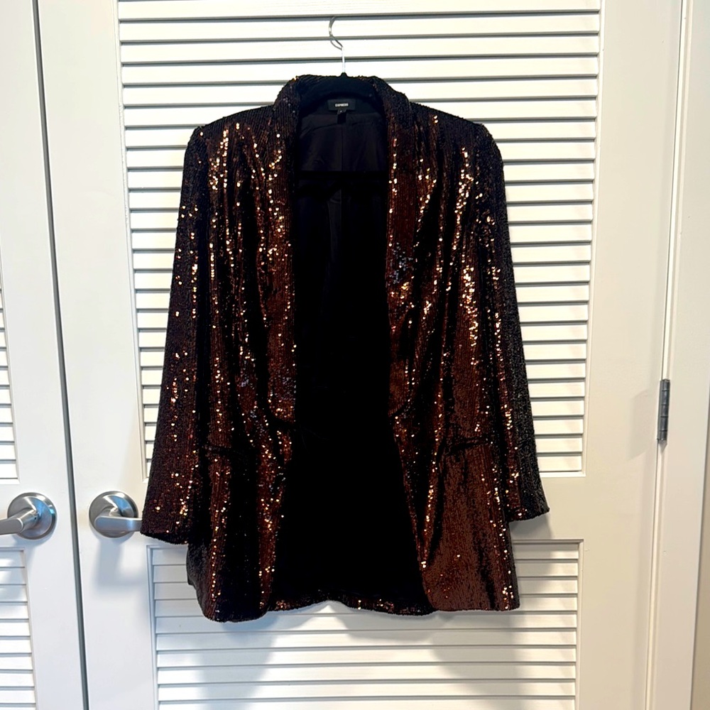 Sequin Open-Front Blazer Jacket - Brown - image 1